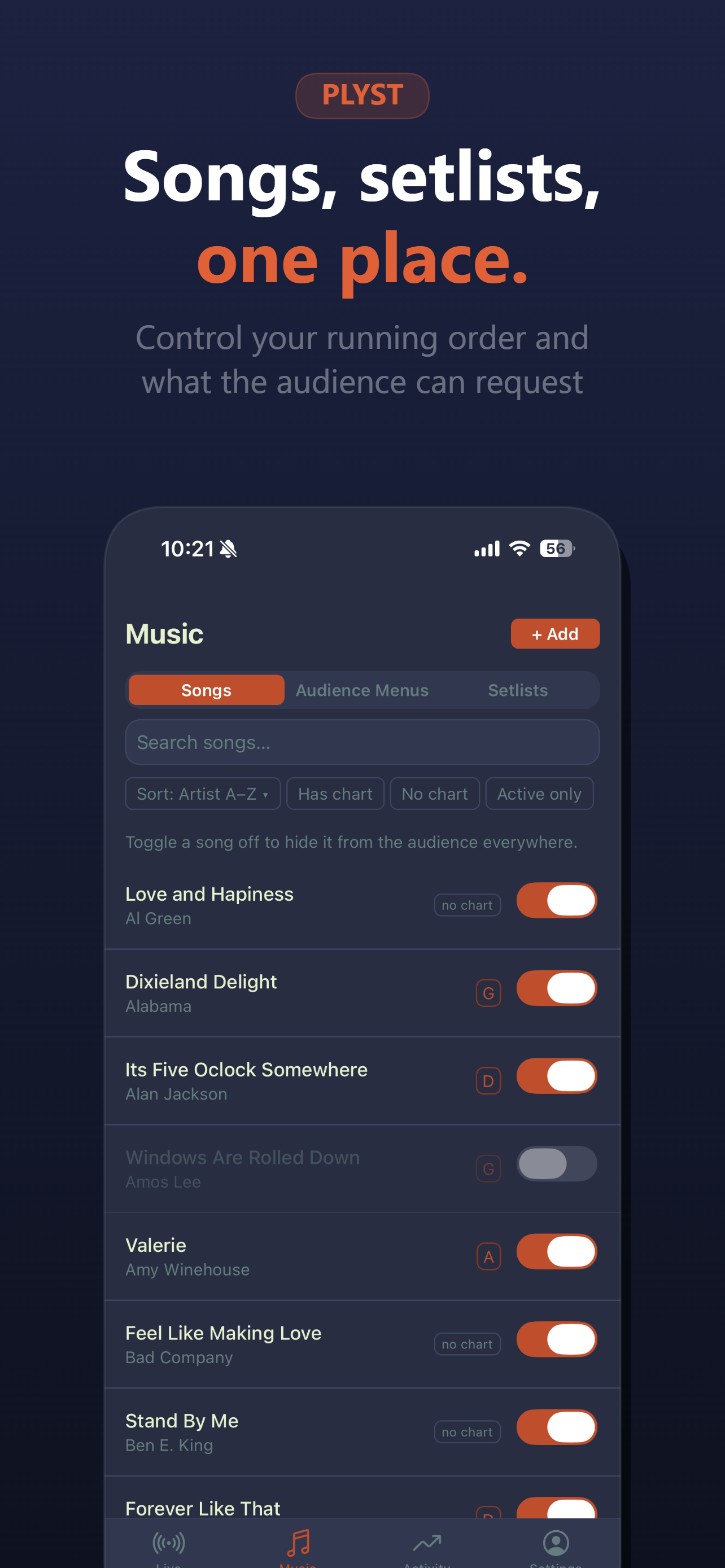 Manage songs, setlists, and what the audience can request in one place.