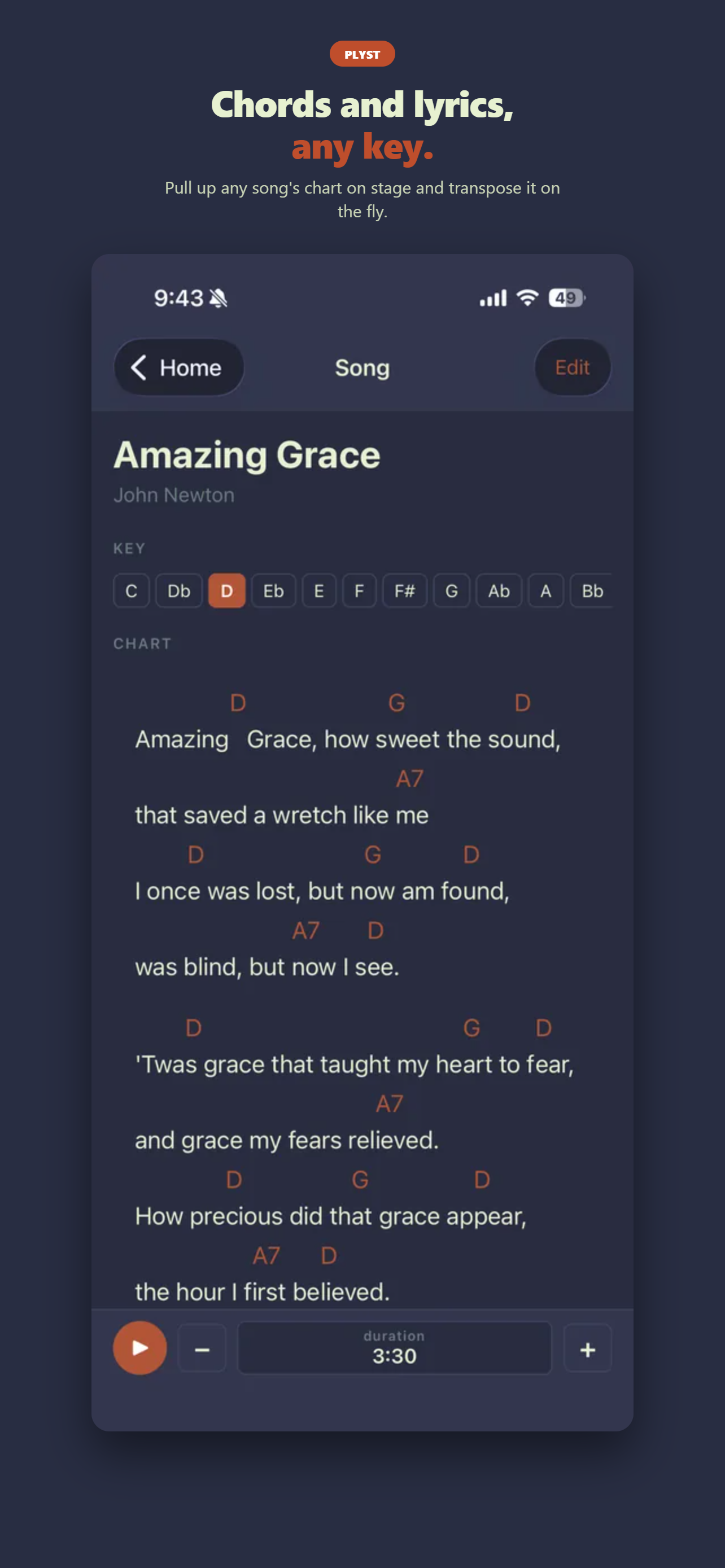Chords and lyrics on stage, transposable to any key on the fly.
